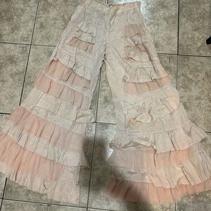 Free People Ruffled Cream and Pink Pants